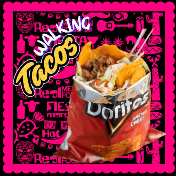A Doritos bag filled with taco meat, cheese, and lettuce, with "Walking Tacos" text.