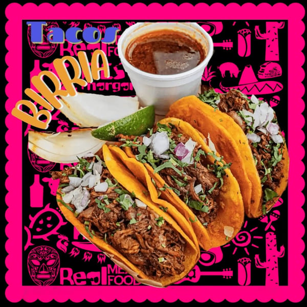 Three birria tacos with cilantro, onions, lime, and a cup of consommé on a vibrant pink and black background.