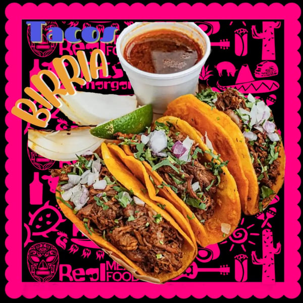 Three birria tacos with onions, cilantro, lime, and a cup of consommé on a festive black background.